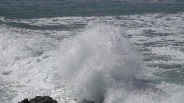 Ocean Big Waves Over Cliffs Slow Motion