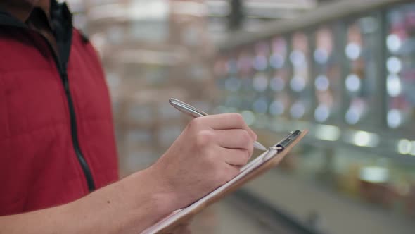 Hypermarket Worker Making Notes On Clipboard