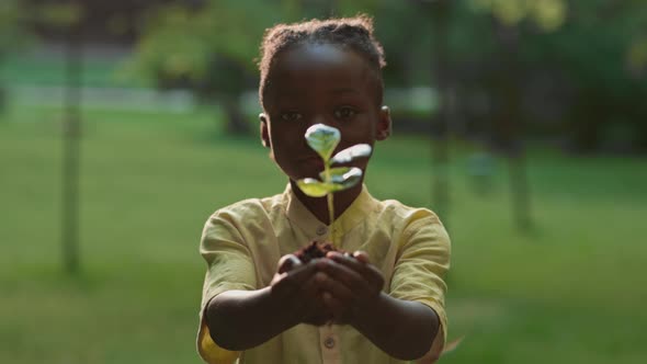 African Girl Showing on Camera Fresh Green Seedling