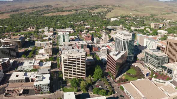 Wide orbiting aerial shot of Boise's downtown technology district.