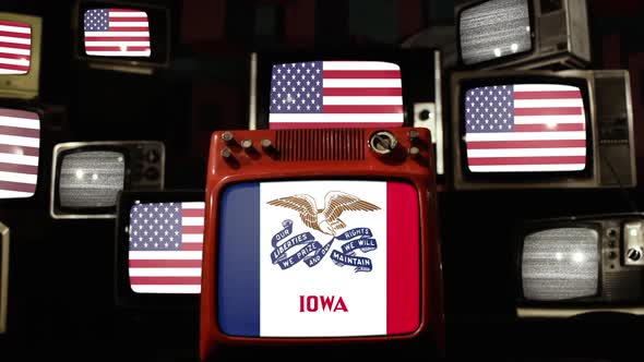 Flag of Iowa and US Flags on Retro TVs.