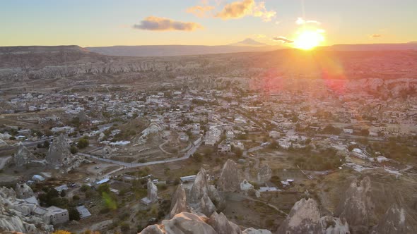 Sun Over Goreme. Cappadocia, Turkey. Aerial View