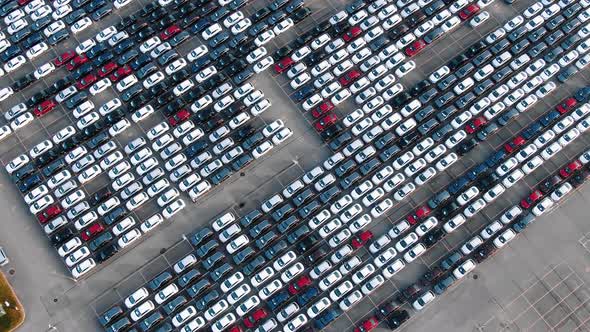 Motion Past Long Rows of Finished Cars Bird Eye View