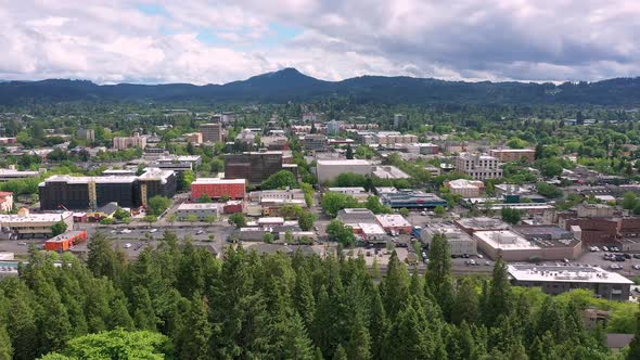 Aerial view looking towards Eugene Oregon above trees