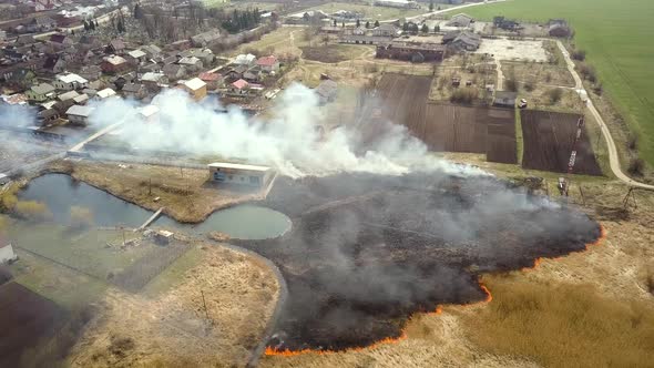 Aerial view of a field with dry grass set on fire with orange flames and high column of smoke.