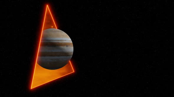 HD 3D animation. Motion of planet Jupiter through portal against the background of the starry sky