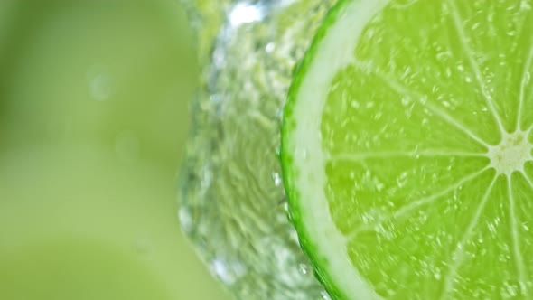 Super Slow Motion Shot of Splashing Water From Rotating Lime Slice at 1000Fps