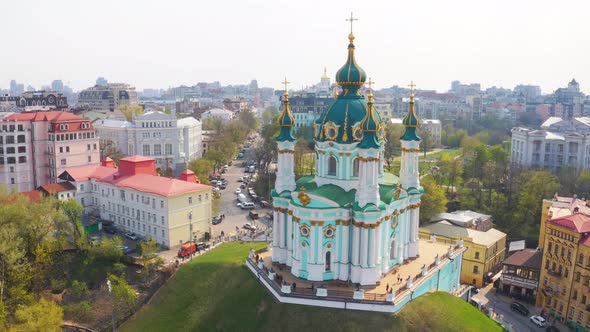 Aerial View of St. Andrew’s Church in Kiev. The Famous Andrew's Descent in the Capital of Ukraine