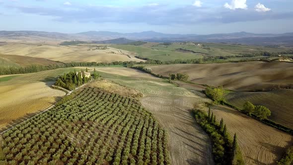 Villa in Tuscany Italy with Olive tree orchards and cypress trees, Aerial circle right reveal shot