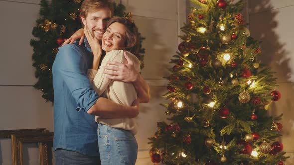 Smiling beautiful woman and her handsome boyfriend posing in New Year interior 