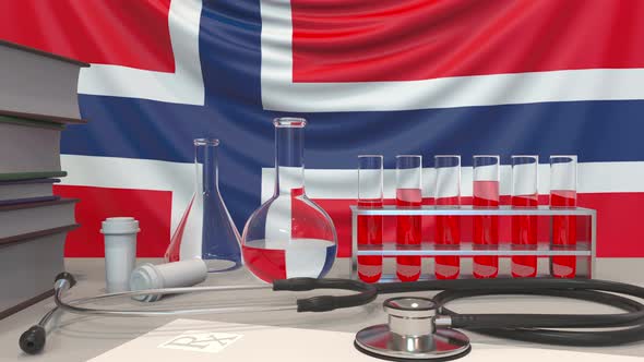 Clinic Laboratory Equipment on Norwegian Flag Background alt