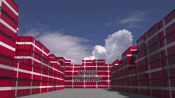 Cargo Containers with CYBER MONDAY Text and Flags of Denmark