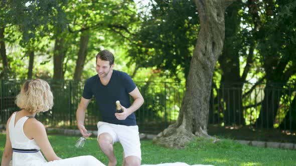 A Couple Having a Romantic Picnic in the Park with Champagne, Slow Motion