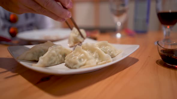 Model picking up food from oriental cuisine in restaurant. Group of delicious Japanese vegetable gyo