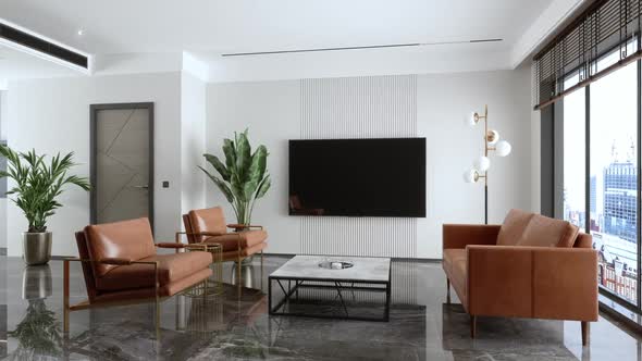 Modern Waiting Room With Leather Sofa, Armchairs, Coffee Table, Tv And Cityscape From The Window