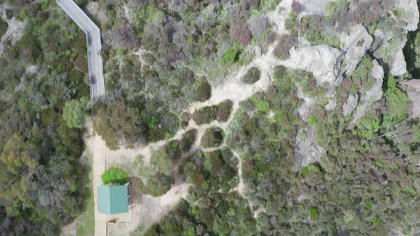 Drone aerial footage of Hassan's Walls lookout in the Blue Mountains in Australia