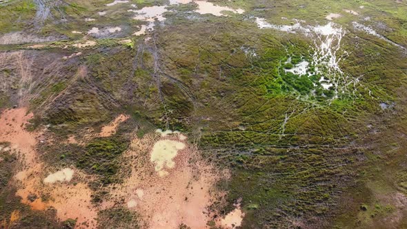 Drone view fly over wet peatland