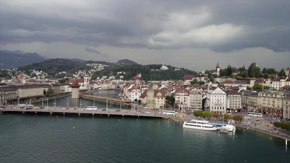 Long shot of Lucerne and Reuss River 