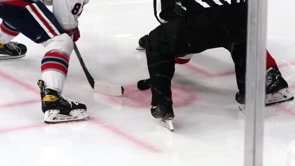 Hockey Players Fight for Puck Under Referee Control on Rink