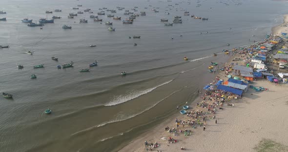 Top view, aerial view fishing harbor from the drone. Phan Thiet city, Vietnam