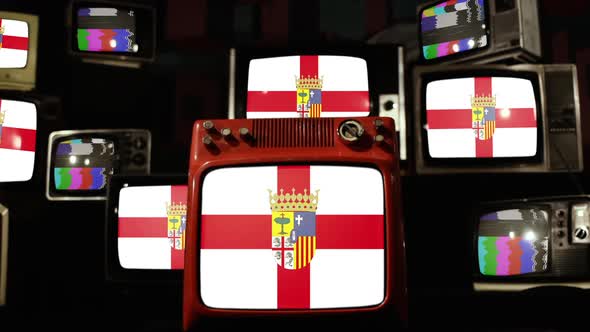 Flag of Province of Zaragoza, Spain, and Retro TVs.