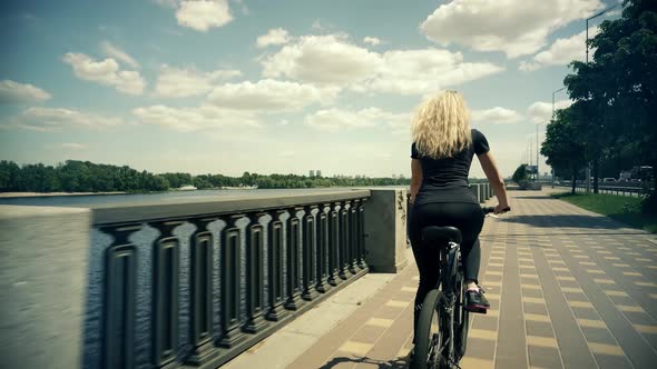 Cyclist Happy Cycling Travel Woman Rider On Bicycle. Girl Helmet Cycling On Bike Sport Recreation.