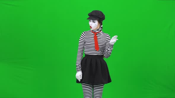 Mime Woman Is Having Call, Talking. Green Screen, Chroma Key.