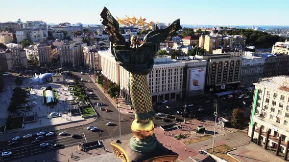 Monument in the Center of Kyiv, Ukraine. Maidan. Aerial View