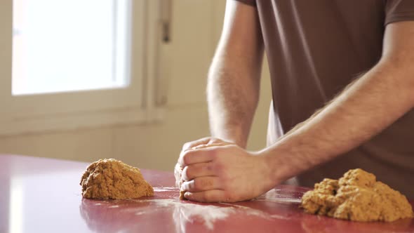 Man making vegan meat. Process, how to cook seitan