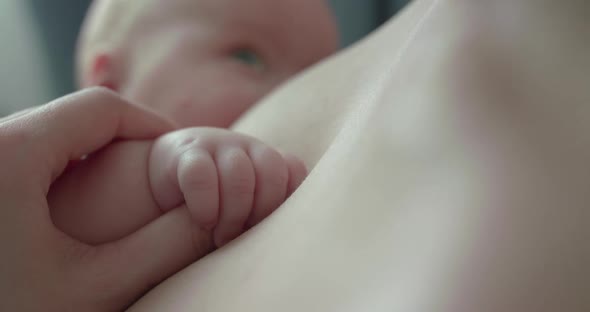 View of Mom's Hand Caresses Her Baby's Little Palm at Chest During Breastfeeding