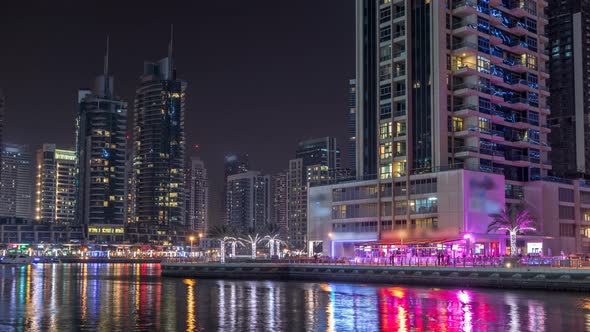 Dubai Marina Bay with Yachts an Boats Night Timelapse