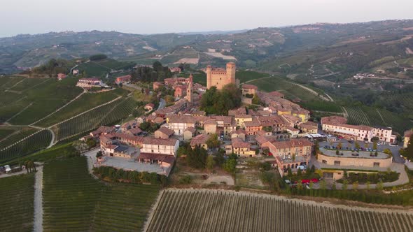 Serralunga d'Alba and Medieval Castle in Langhe Vineyards, Piedmont Italy Aerial View