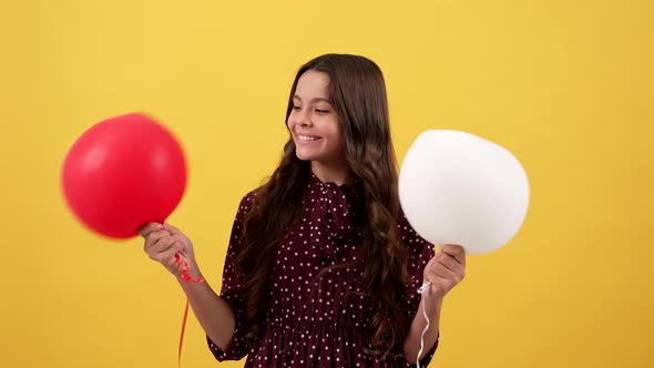 Happy Girl Child Hold Birthday Balloons Yellow Background Anniversary