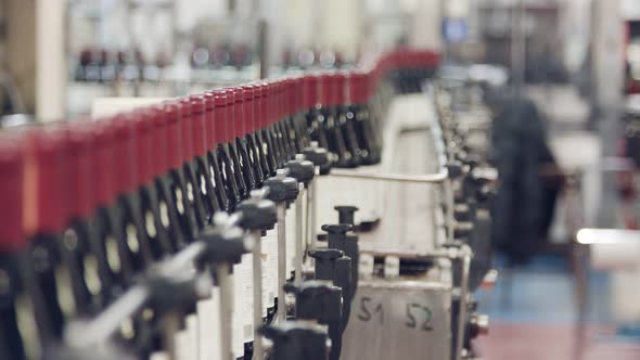 Red Wine bottles on a conveyor belt in a wine bottling factory.