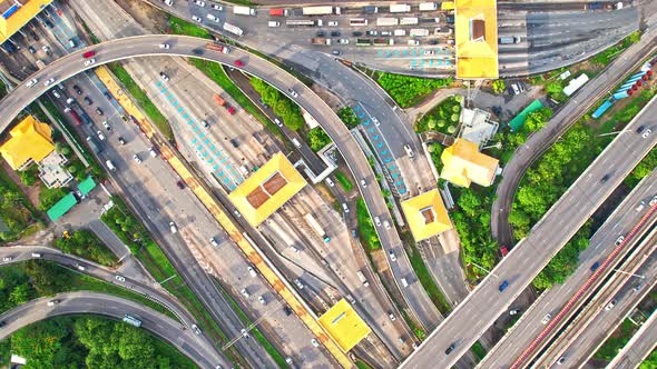 Stunning Aerial view drone shot above freeway traffic