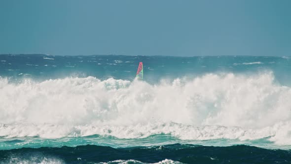 Slow Motion  Hawaii Jaws Maui Island Windsurfer Riding Powerful Ocean Waves