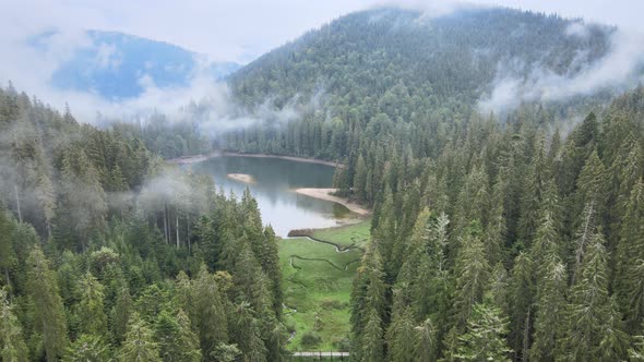 Mountain Lake Synevyr. Aerial View of the Carpathian Mountains in Autumn. Ukraine