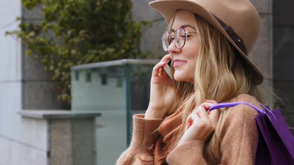 Portrait Attractive Young Girl Student Outdoor Closeup Caucasian Woman Happy Talking on Phone After