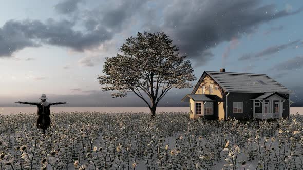 Snowy Weather Farmhouse and Scarecrow