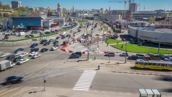 Installing Concrete Plates By Crane on Intersection at Road Construction Site Timelapse