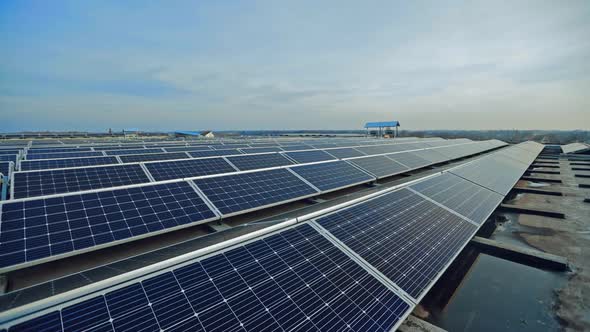 Long rows of blue solar panels. New sunny batteries for renewable energy under the blue sky. Many so