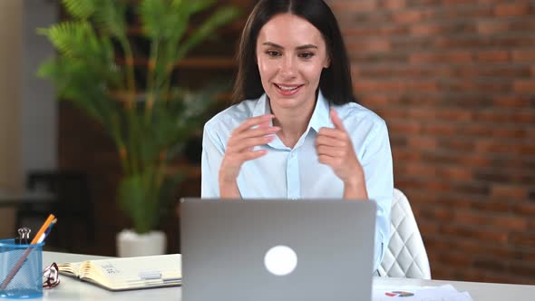 Beautiful Successful Confident Caucasian Business Lady Freelancer Manager Using Laptop Talking on