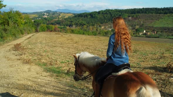 Rear view of young woman riding on horseback through idyllic landscape