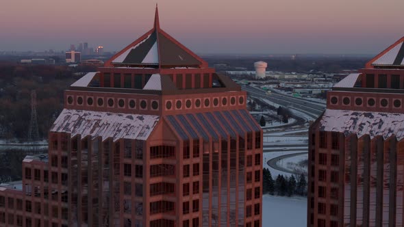 Aerial, Carlson Towers in Minnetonka, Minneapolis at dawn dusk during winter