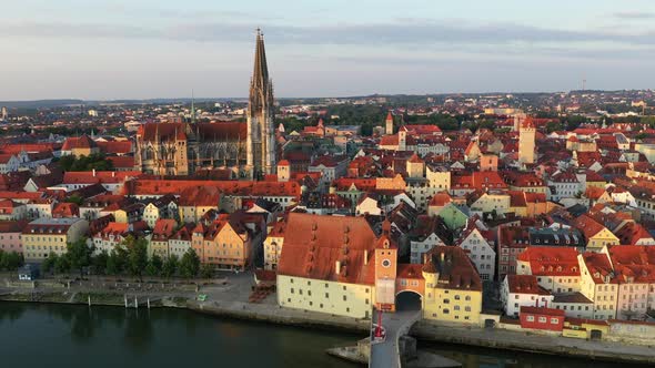 Drone shot of Regensburg historical center, UNSECO world heritage site