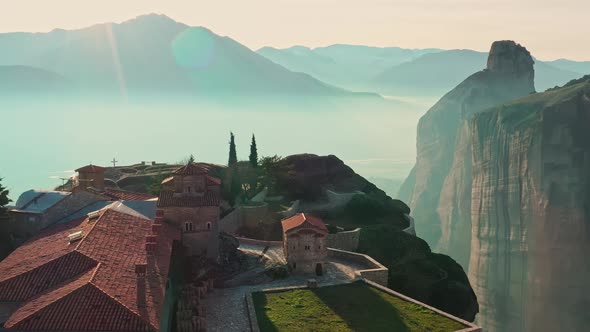 Aerial View of Monastery Trinity and Breathtaking Pictures of Valley and Landmark Canyon of Meteora