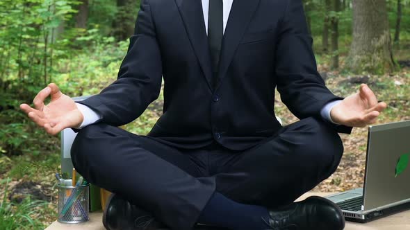 Smiling Office Worker Taking Lotus Position, Clearing Mind From Stress, Relax