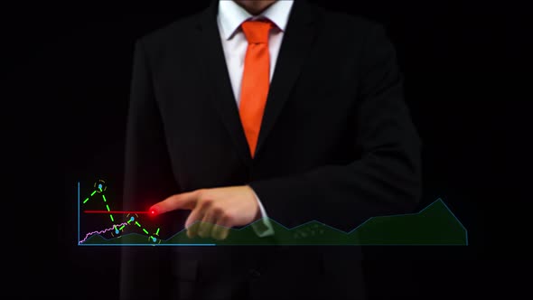 Businessman Uses Holographic Interface, Drawing an Ascending Financial Chart and Diagram