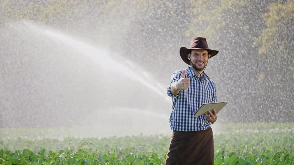 Farmer Shows Thumb To Up During Monitoring His Plantation Using Digital Tablet