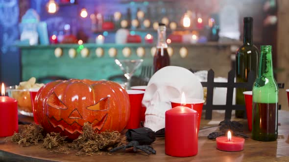 Halloween Still Life Decoration on a Table in a Pub Ready for a Party